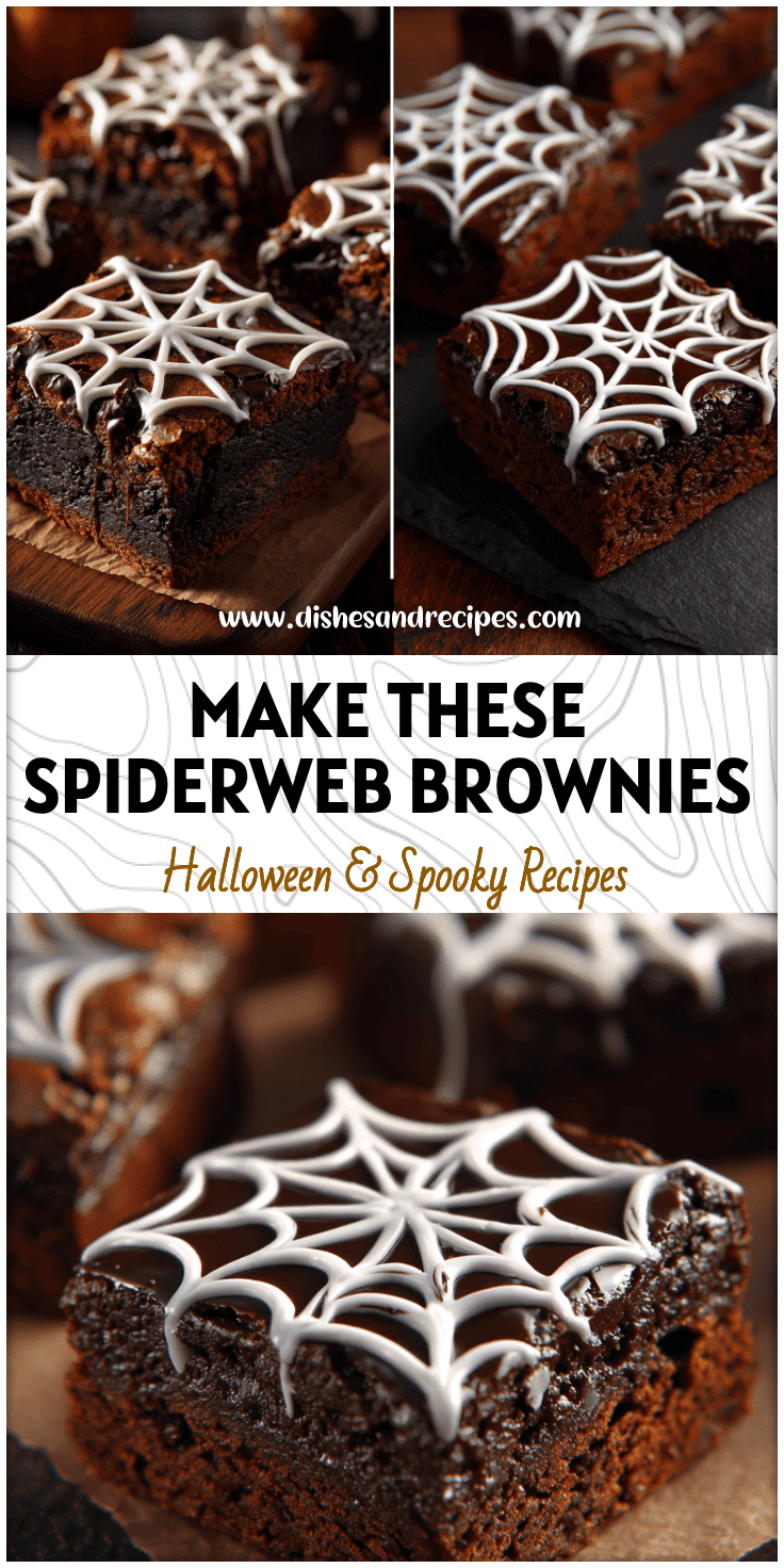 Fudgy Halloween Spiderweb Brownies topped with white icing webs as spooky Halloween sweets for a gothic party.